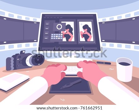 Photo designer working process. Retouch photos on computer. Vector illustration