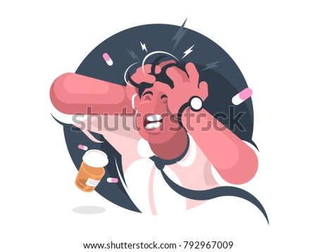 Grimace of man with severe headache. Pain reliever tablets. Vector illustration