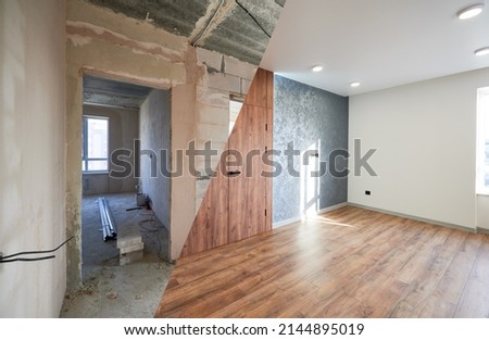Modern flat room with stylish design as concept of before and after reconstruct renovation, comparison of upgraded remodeling in comfortable flat bedroom during rework in real estate. Foto stock © 