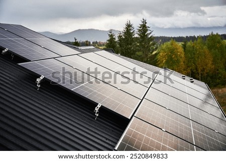 Similar – Image, Stock Photo Solar panels or photovoltaic module. Solar power for green energy. Sustainable resources. Renewable energy. Clean technology. Solar cell panels use sun light as a source to generate electricity.