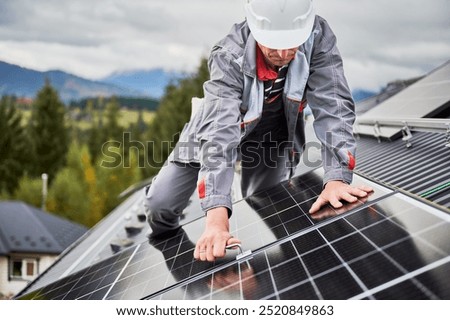 Similar – Foto Bild Photovoltaikanlage auf einem Industriedach. Ausbau erneuerbarer Energien. Solarförderung, Eigeninitiative