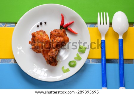 Barbecue chicken wings set as heart looks with love wording