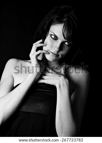 Sensuality pensive girl profile with closed eyes in moonlight dark