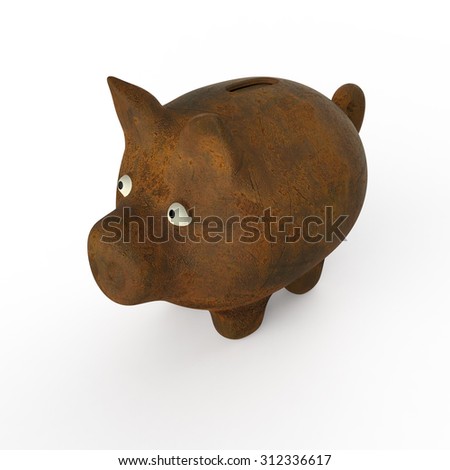 worn out rusty iron cast piggy bank isolated on white background top view, metaphor of economical crisis 3d render