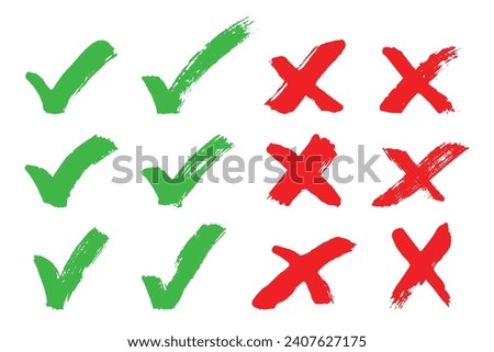 Hand drawn green check mark and red cross mark Marker right and wrong sign clipart Voting doodle