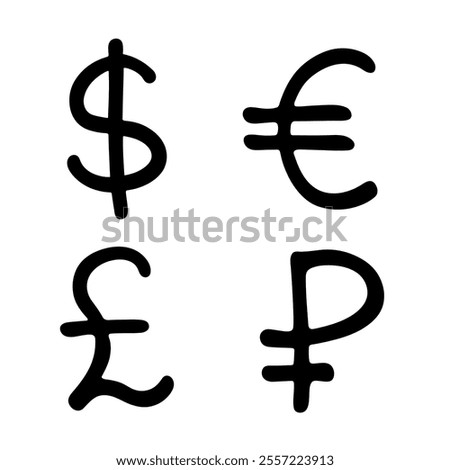 Hand drawn multiple currencies symbol set Dollar euro pound ruble