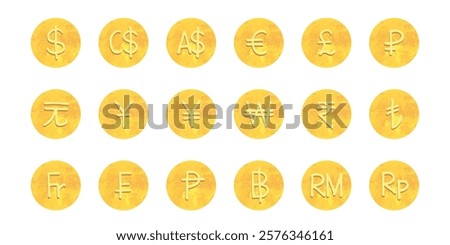 Hand drawn currency symbol set Dollar euro pound ruble yuan yen won rupee lira franc peseta baht ringgit rupiah