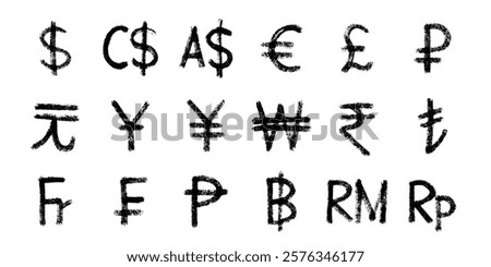 Hand drawn currency symbol set Dollar euro pound ruble yuan yen won rupee lira franc peseta baht ringgit rupiah