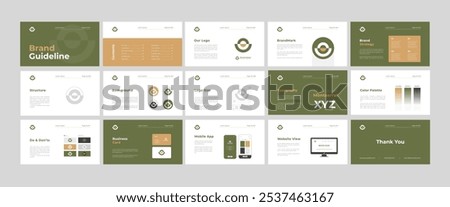 Green and Brown Brand Guidelines template. Brand Strategy Guideline design. Brand Identity presentation design. Logo Guideline template. Logo Guide Book or Brand Manual Layout.