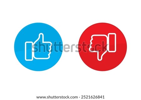 Like and dislike hand symbols set in blue and red circles flat vector icons. Rating and feedback thumbs up and thumbs down outline style icons isolated on white background. Do and Don't symbols.