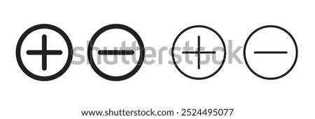 Round plus and minus icons with different thicknesses. Black outline style icons. Positive and negative symbols. Vector illustration.