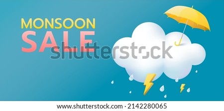 Monsoon season offer and sale banner, umbrella and clouds background with thunder