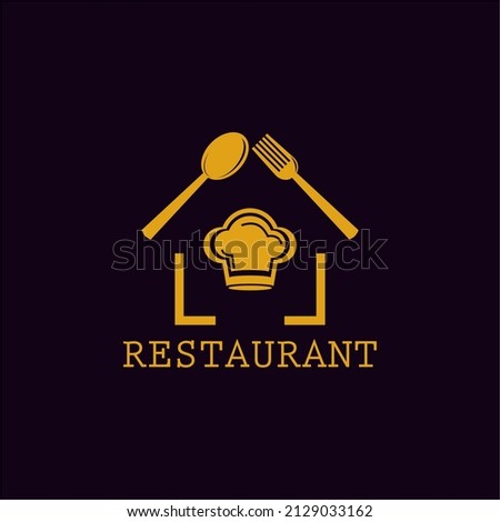 Restaurant logo. Chef hat cutlery illustration design forming a house with black background