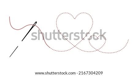 Needle with red thread in the shape of a heart. Heart embroidered seam forward. Vector illustration of a heart outline with a needle and thread