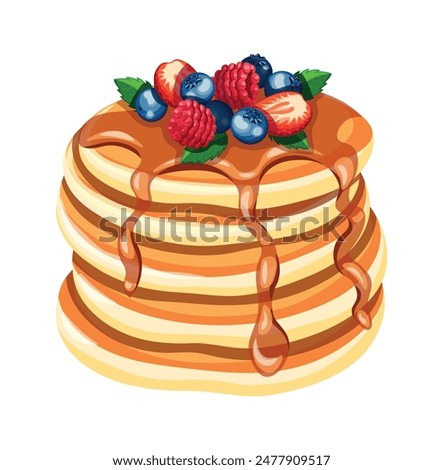 Pancakes covered with chocolate, berries, mint leaves isolated on a white background. Vector illustration of delicious pancakes with raspberries, blueberries,  strawberries in cartoon style.