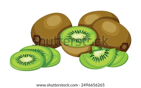 Delicious, fresh kiwi fruit in cartoon style. Vector illustration of healthy and nutritious different kiwi: whole, halves, slices, isolated on white background. Peeled and unpeeled kiwi.