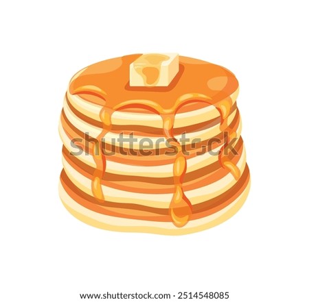 Delicious pancakes with butter in a cartoon style. Vector illustration of fresh and fluffy pancakes drizzled with honey and a piece of butter isolated on a white background. American breakfast.