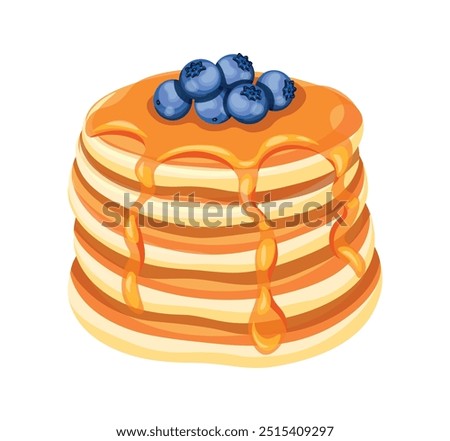 Delicious pancakes with fresh blueberries in a cartoon style. Vector illustration of fresh and fluffy pancakes drizzled with honey and blueberries isolated on a white background. American breakfast.