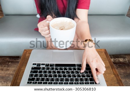 Working woman push escape button, to escape from busy time to relax with coffee