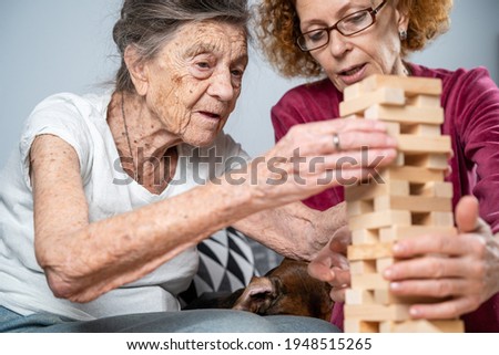 Dementia therapy. Social worker and dog plays an educational board game with senor patient at nursing home. Jenga game. Caregiver, pet and elderly female build tower of blocks in retirement home.