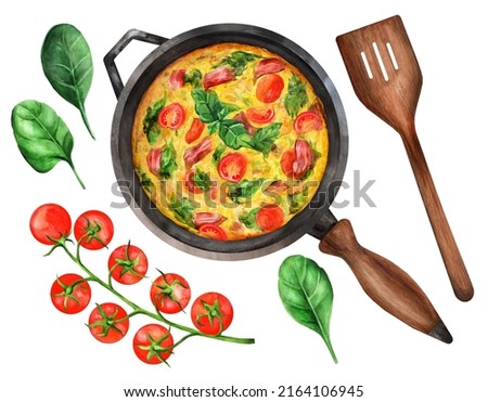 Frittata or casserole in cast iron pan with a wooden spatula and cherry tomatoes on a white isolated background. Watercolor hand drawn illustration Foto d'archivio © 
