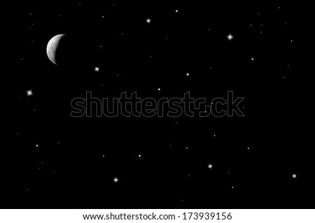 Moon and stars on the night sky.Beautiful nightly landscape.