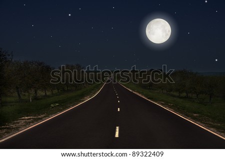 night road and full moon