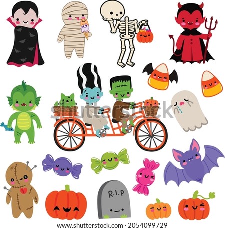 Kawaii Halloween little monsters vector art set