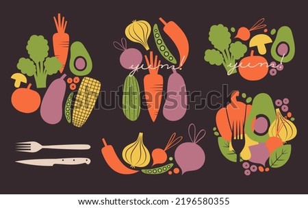 Collection of illustrations with vegetables, berries, cutlery in flat style. Vector isolated clip arts with veggies, broccoli, carrot, onion, garlic, avocado, beet, redis for vegan, vegetarian merch.