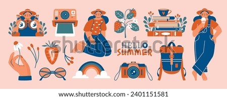 Hello Summer. Set of summertime clip arts with girl in hat with ice cream, hand with flower, glasses, strawberry, binoculars, backpack, camera, polaroid, plants, books. Cute vector illustrations.