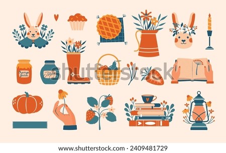 Set of cute cartoon illustrations in cottagecore aesthetic. Village, farm life. Hand drawn clip arts with boots, flowers, rabbit, jars, books, strawberry bush, basket, pie, flowers, candle, jug.