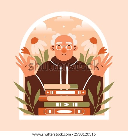 Happy retirement. Naive illustration with old man in eyeglasses and stack of books, who showing OK gesture of hands. Cartoon badge with window frame. Cute illustration of grandfather character.