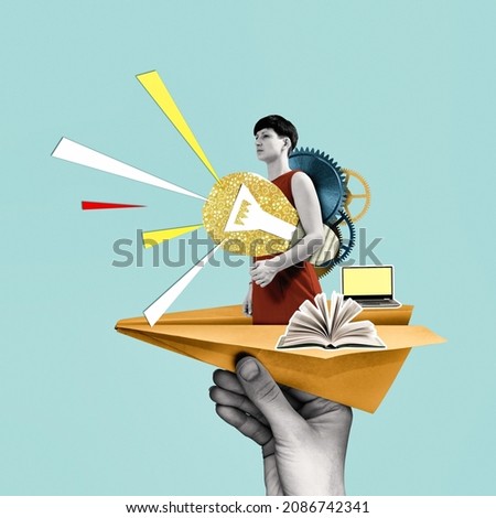 Woman with a light bulb in a paper airplane. Creativity and uniqueness in business and education. Art collage. Сток-фото © 