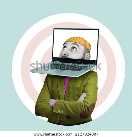 Businessman with a laptop instead of a head, art collage. Online research concept. Сток-фото © 