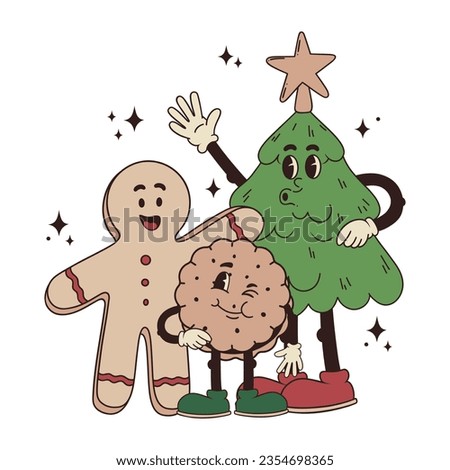 Vector funny cartoon Christmas mascots:  gingerbread man, round winking cookie and Christmas tree