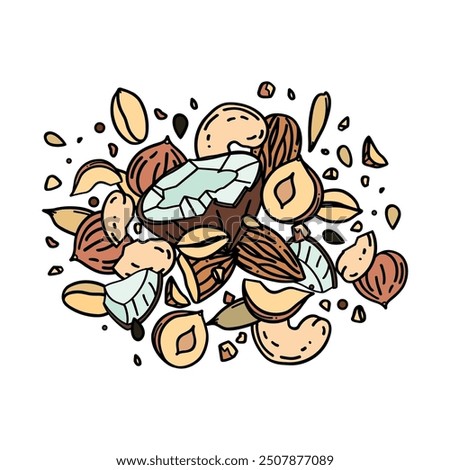 Vector hand drawn illustration nuts and seeds mix in the doodle style on a white background