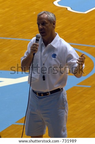 North Carolina head men's basketball coach Roy Williams addresses a crowd. Williams won the 2004 NCAA Basketball crown