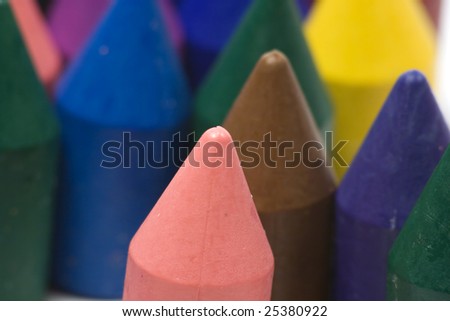 Close-up wax crayons, mixed group on white background