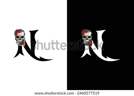 Initial Letter N Skull Logo Design. Minimal silhouette skull logo vector with letter N logo design illustration.
