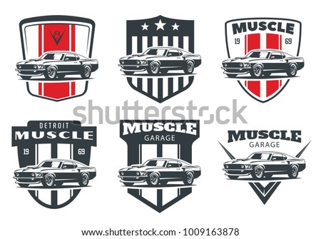 Set of classic muscle car logo, emblems and badges isolated on white background. Old american car from 60s.