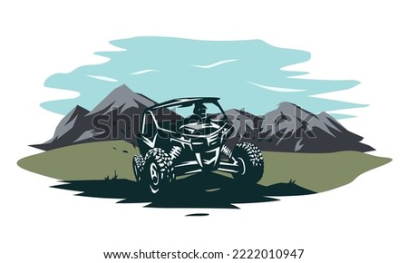 ATV side-by-side vehicle illustration with rocks and mountains. All-terrain vehicle standing on rocks and dunes. Vector illustration.