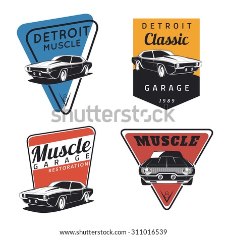 Set of classic muscle car emblems, badges and icons. Service car repair, restoration  and car club design elements
