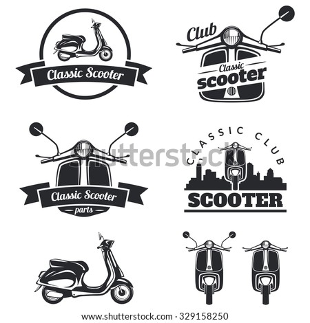 Set of classic scooter emblems, icons and badges. Urban, street scooter illustrations and graphics. Isolated scooter front and side view.