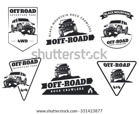 Set of classic off-road suv car emblems, badges and icons. Rock crawler car in mountains. Isolated suv front and side view.