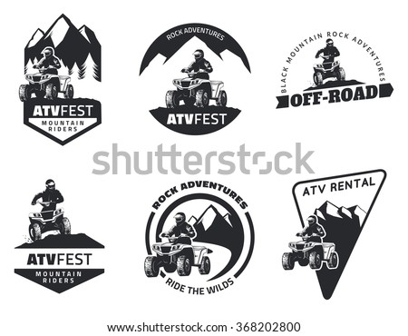 Set of ATV logo, emblems, badges and icons. All-terrain vehicle off-road design elements.
ATV quad in mud with rider.