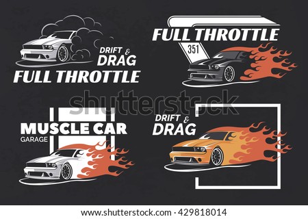 Set of muscle logo, badges and emblems on dark grunge background. Service car repair, restoration and club design elements. T-shirt design.