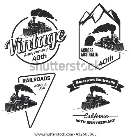 Set of retro train logo, emblems and icons isolated on white background. Vintage locomotive label collection. Railroad labels.