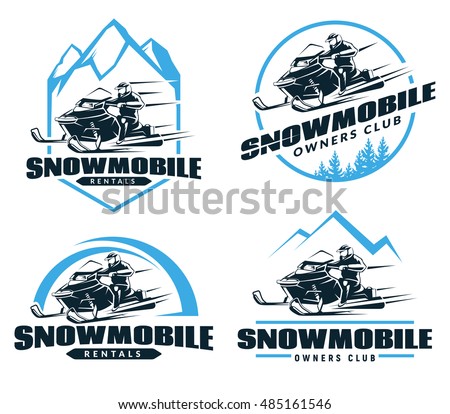Set of winter snowmobile logo, emblems, badges and icons. Snowmobile winter riding trip, snow sled and design elements. Vector illustration.
