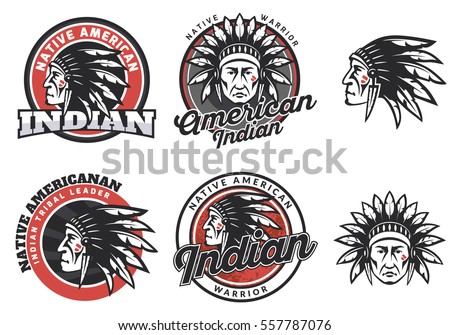 Set of american indian round logo, badges and emblems isolated on white background. Face, head of american indian. Tee print design.