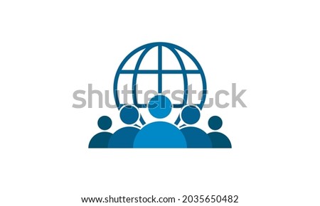 Global teamwork leader logo. Blue five people with globe shape behind. Usable for business, teamwork, support, technology, organization, family, and others.